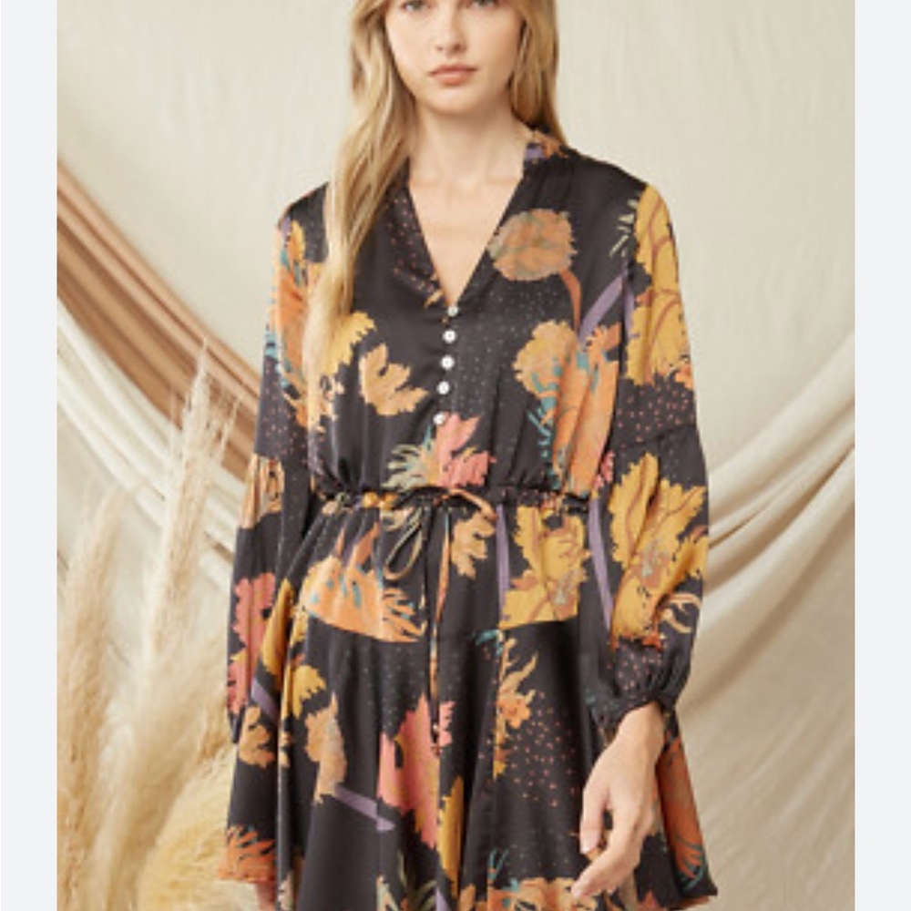 Floral Chocolate Brown and Black Dress with Button Detail Boho Fall Dress